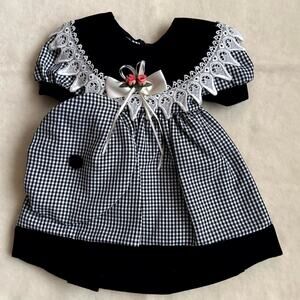 Vintage 90s Ceci Kids 2-Piece Dress Set Girls 18M Black White Gingham Lace Bow